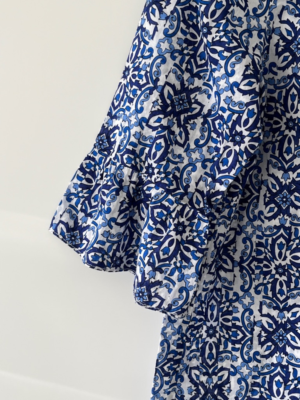Milly Blue and White Printed Peasant Blouse with Pink Tassel - Picture 6 of 15